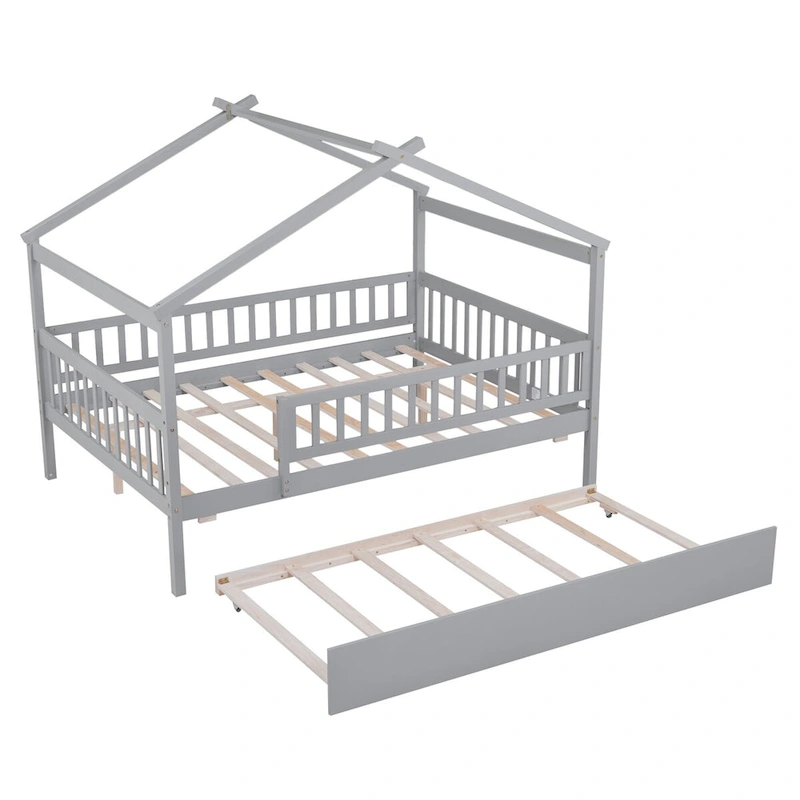 Full Pine House Bed with Twin Trundle, Guardrail
