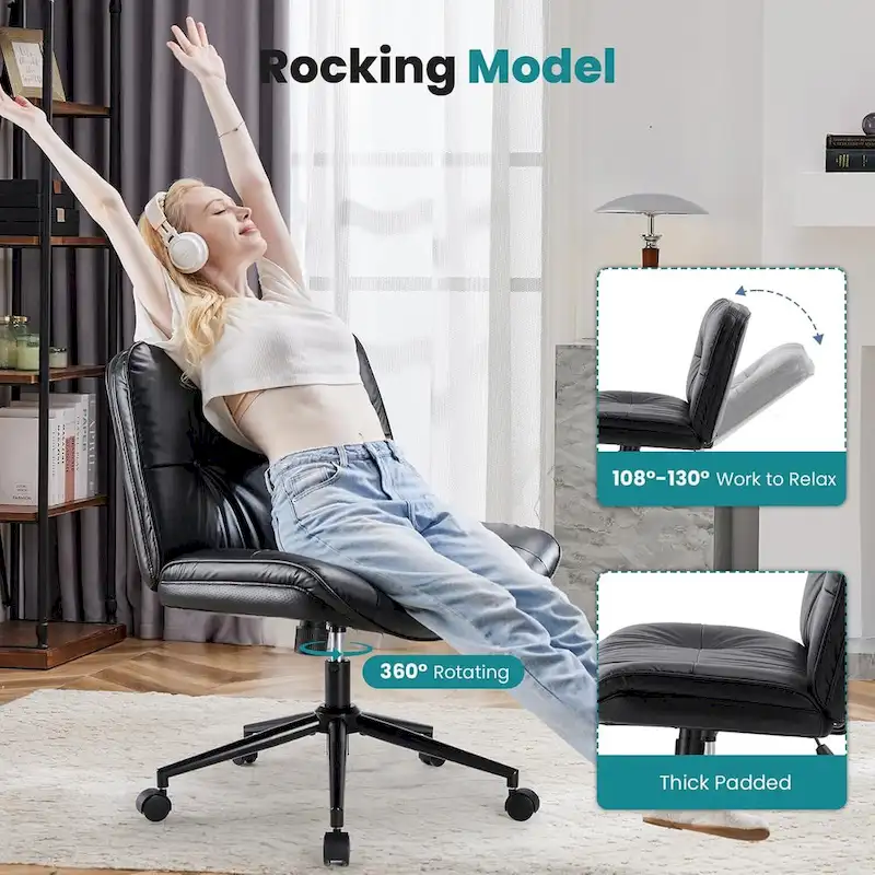 Criss Cross Chair with Wheels, Legged Home Office PU Leather Wide Armless Desk Seat, Rolling Ergonomic Comfy Vanity Seating