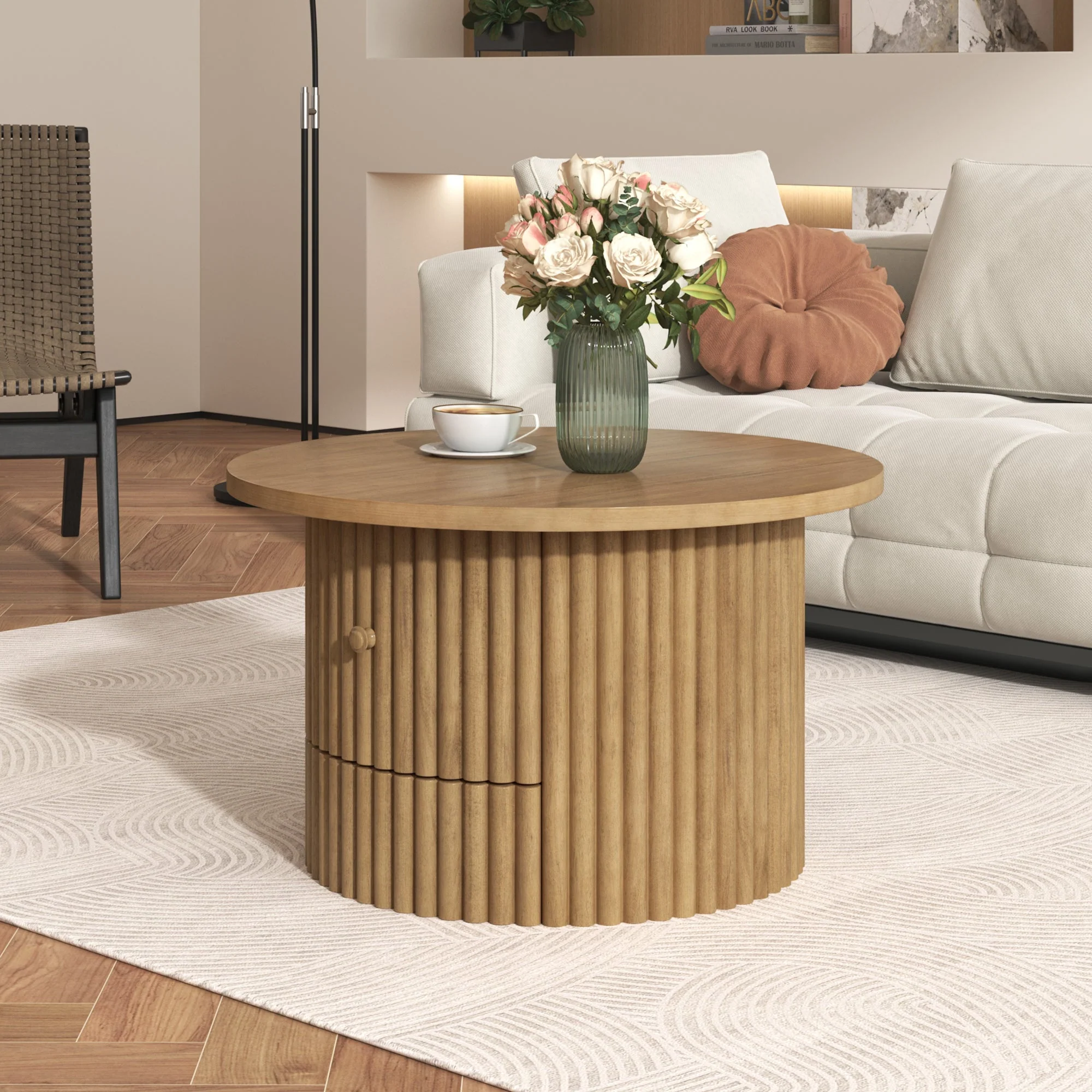 Walker Edison | Reeded Round Coffee Table with a Drawer