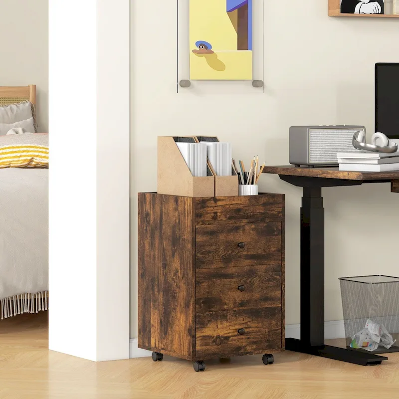 HOMCOM 3 Drawer Home Office Storage Cabinet, Office Drawer on Wheels with Removable Tray, Under Desk Printer Stand with Storage