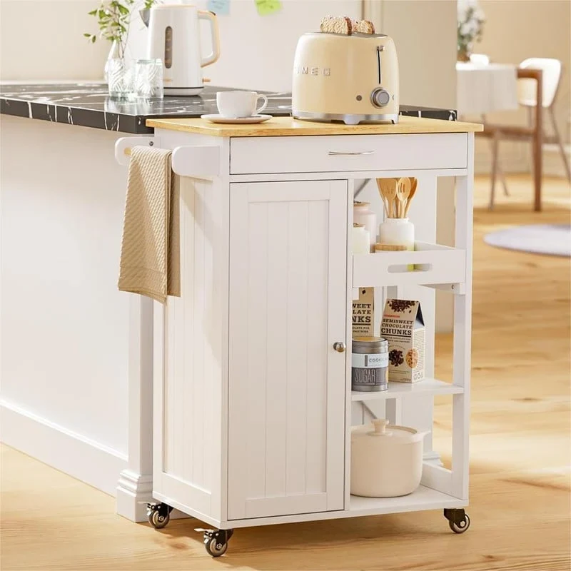 Kitchen Trolley Rolling Island Cart with 1 Drawer, Storage Cabinet and 3 Tier Storage Shelves