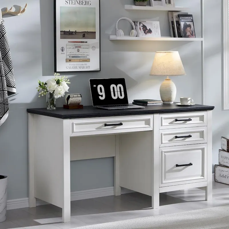 Modern Farmhouse Home Office Desk, Computer Desk with File Cabinet