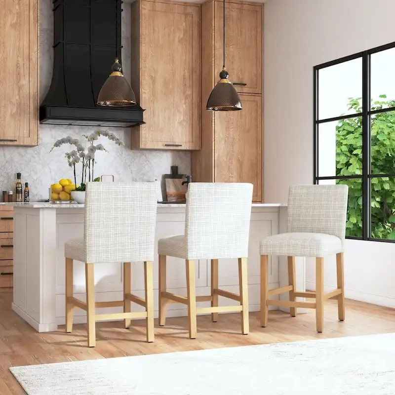 Cream Mini Grid / Light Sage Mini Grid Upholstered Low-Back Counter Stool – Single, Counter Height