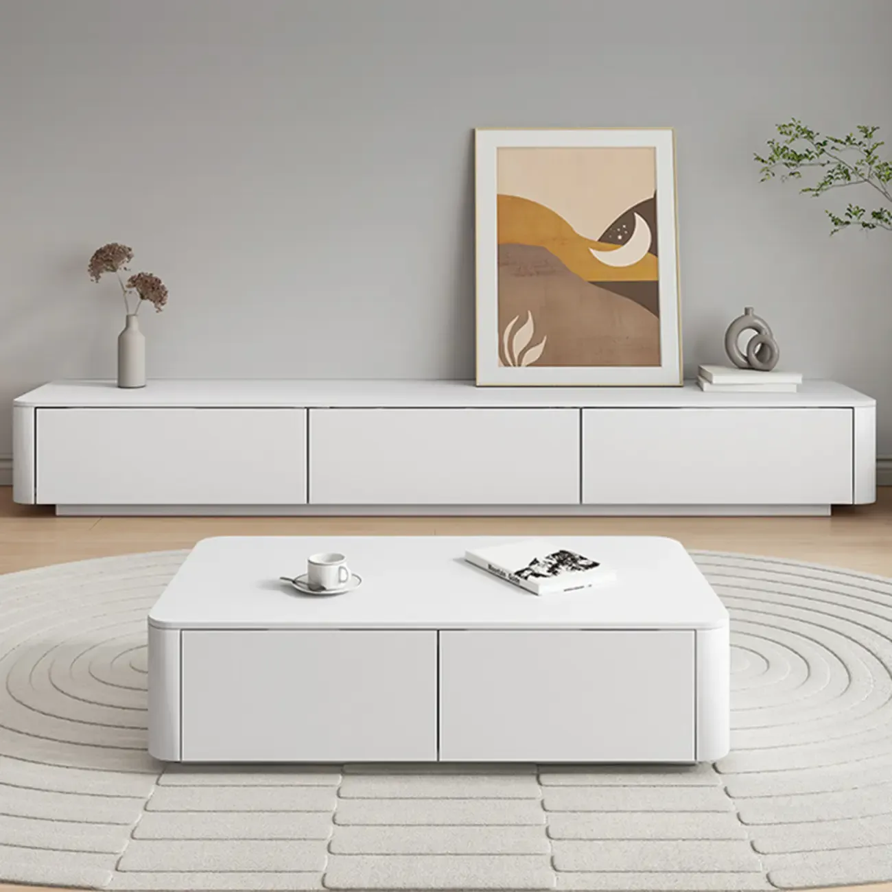 Modern White Wooden Long TV Stand with Drawers