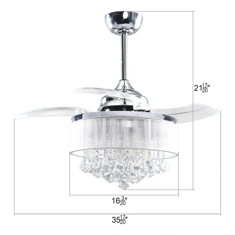 36-in Modern Chrome 3-Blades Crystal Retractable Chandelier Ceiling Fan with Remote and Light Kit - 36 Inches
