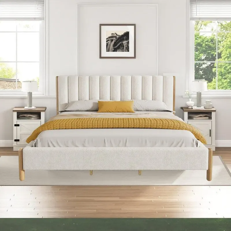 3-Pieces Bedroom Sets ,Bed Frame with Boucle Upholstered Thick Headboard, Solid Wooden Legs,Nightstands Set of 2 with Barn Door