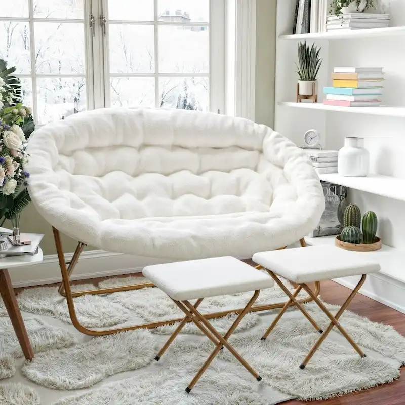 Double Folding Synthetic Fur Saucer Chair with 2 Ottomans