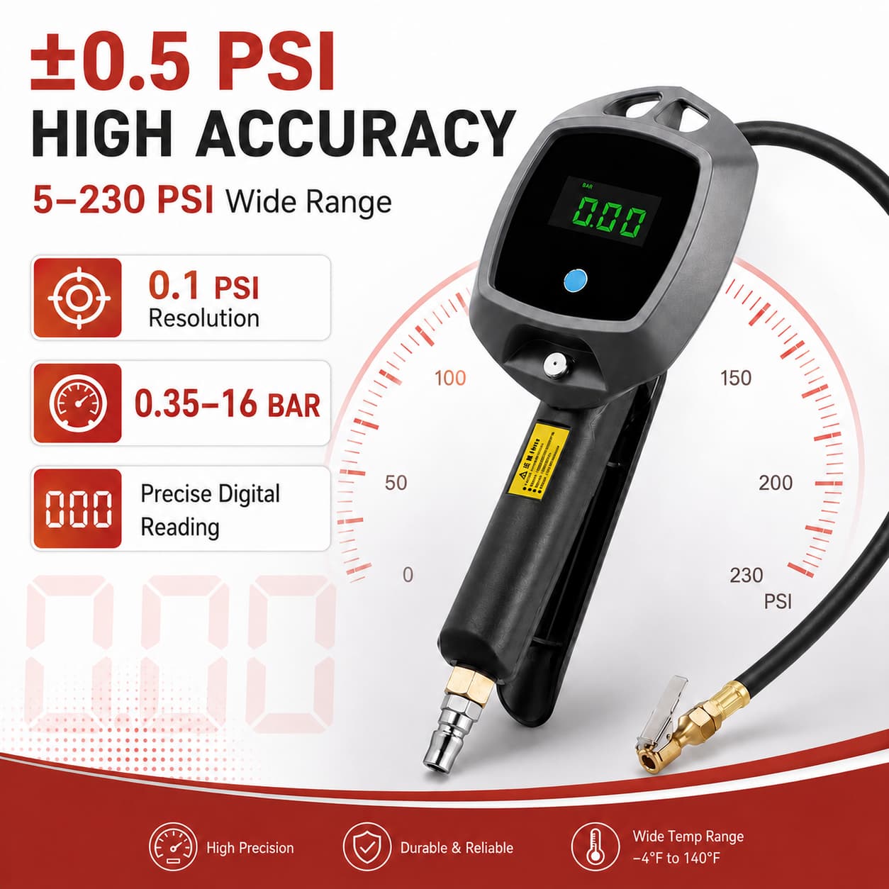 SEAPENG BW-E02 5-230 PSI tire inflator gauge for garage use