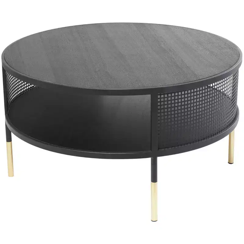 Olivia & May Metal Open Grid Frame 1 Shelf Coffee Table with Gold Legs Black: Modern Drum Style, No Assembly Required