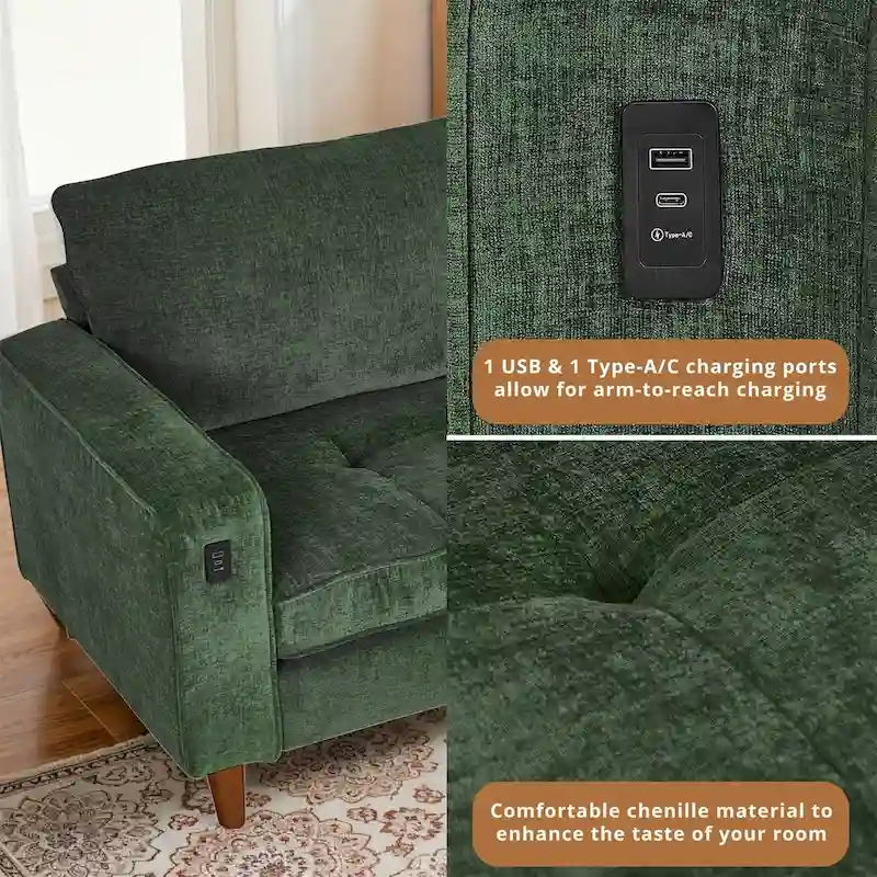 82.6 Inch Modern Living Room Chenille Recliner Sofa, loveseat Sofa,Removable Sofa Cover with USB, Easy to Instal