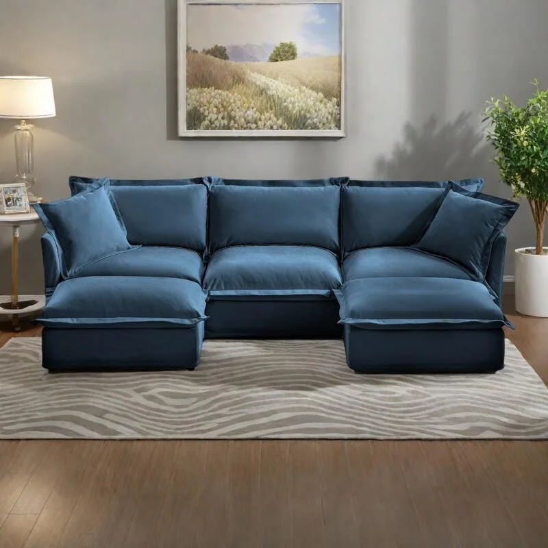 120 U-Shaped Chenille Sectional Sofa with 3-Seater and French Edge Pillows & Cloud Cushions