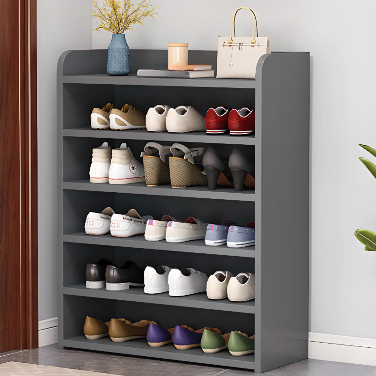 Vertical White Wooden Hallway 6-Tier Open Shoe Rack