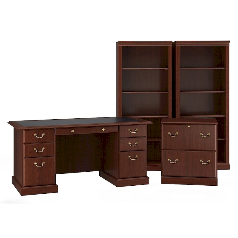 Bush Furniture Saratoga Executive Desk, Lateral File Cabinet and Two 5 Shelf Bookcases in Harvest Cherry
