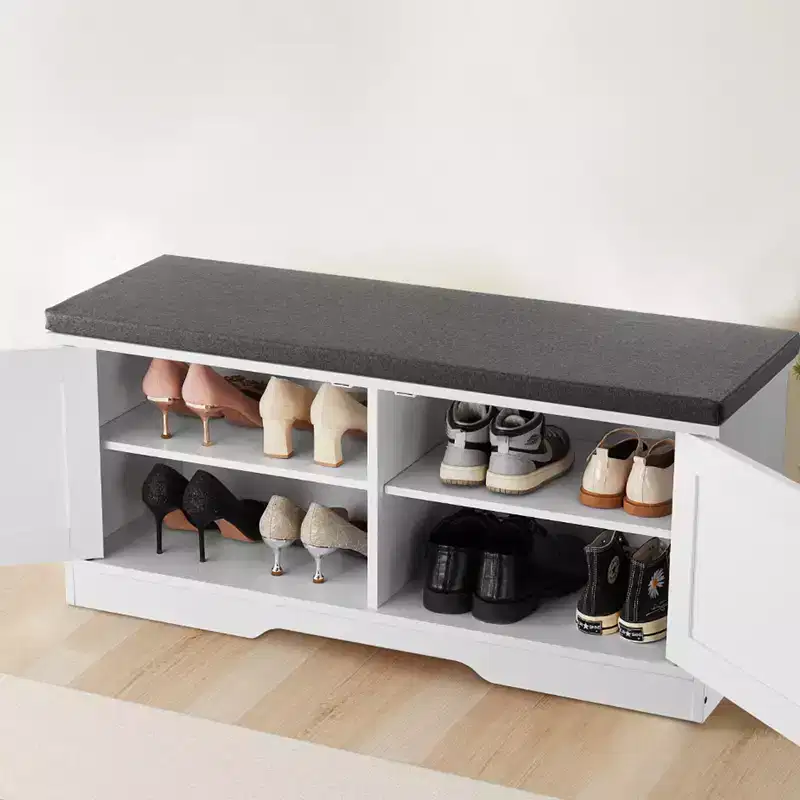 VEVOR Shoe Storage Bench, 39.4 x 14.0 x 18.1 Inch Shoe Organizer with Padded Seat Cushion, Entryway Bench with 2 Barn Doors, Brown
