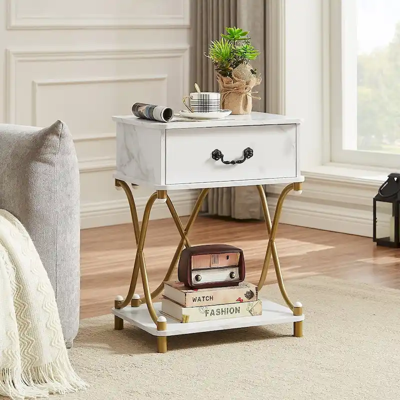 Nightstand with 1 Drawer and Open Shelf, X-Frame Metal Legs