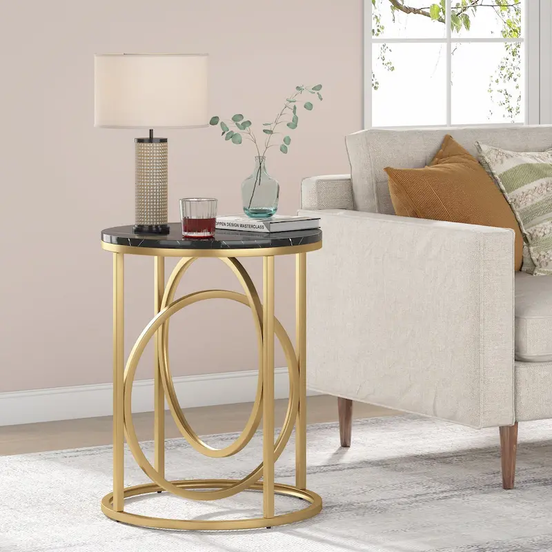 20 in. Marble White Round Wood End Table with Gold O-shaped Base