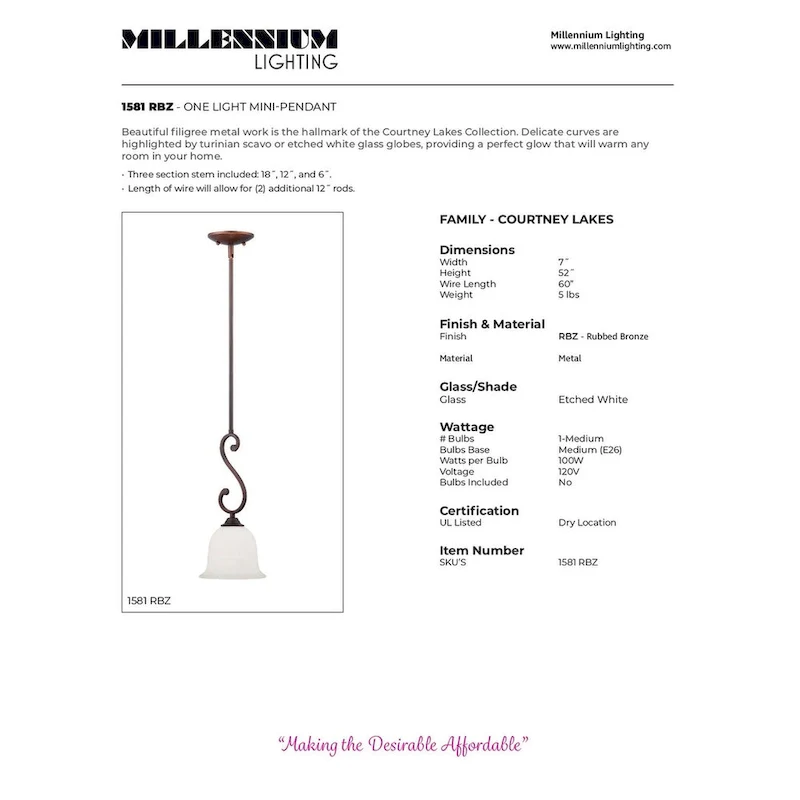 Millennium Lighting Courtney Lakes Rubbed Bronze Mini-Pendant Fixture