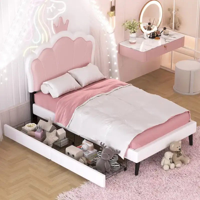 Upholstered Princess Bed with Crown Headboard & Drawers