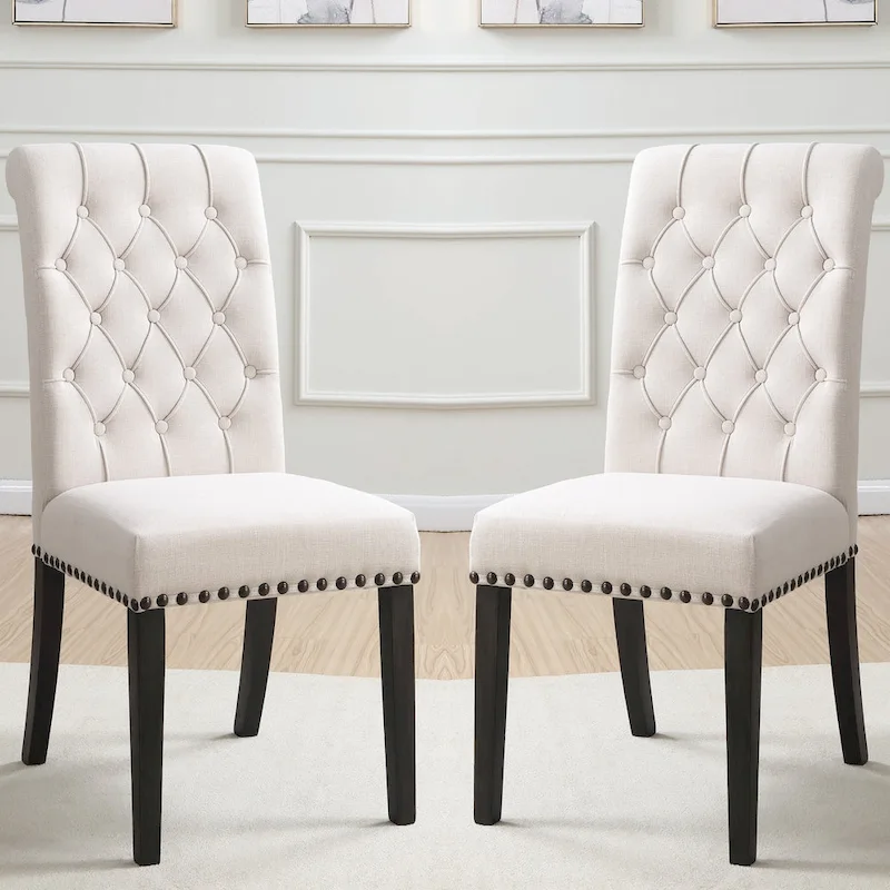 Rolled Back Design Button Tufted Beige Dining Chairs with Nailhead Trim (Set of 2)