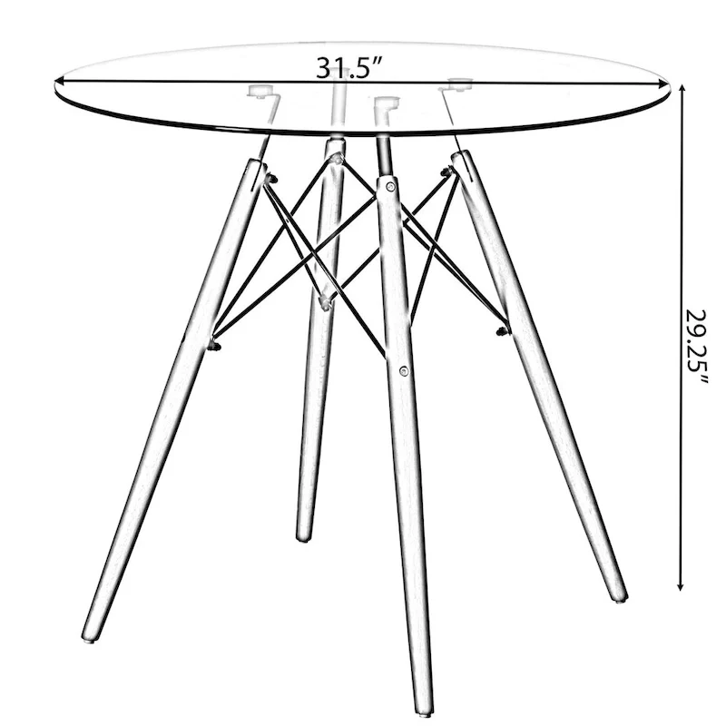 Round Clear Glass Top Accent Dining Table with 4 Beech Solid Wood Legs