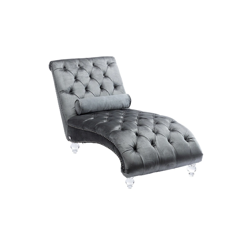 Button-Tufted Upholstered Velvet Recliner Chaise with Pillow and Acrylic Feet