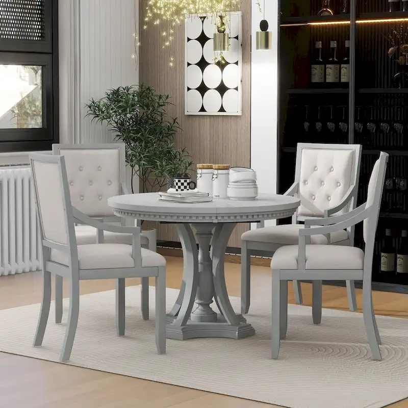 Retro 5-piece Dining Set with Extendable Round Table and 4 Chairs
