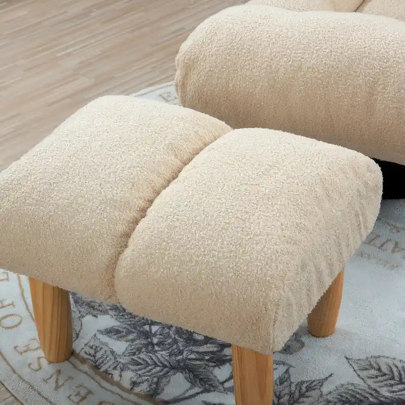 Beige Boucle Upholstered 360 Swivel Armless Manual Leisure Recliner Set with Ottoman, Adjustable Headrest and Backrest