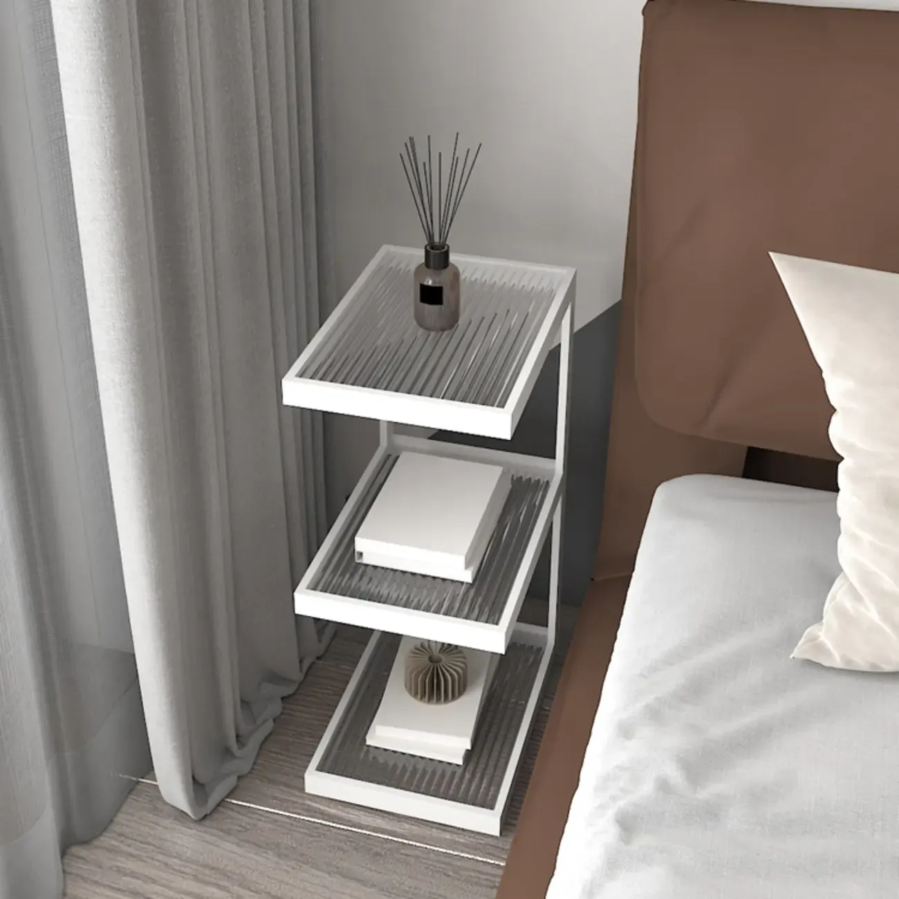 Extra Tall Simple Glass Top and Steel 3 Shelves Nightstand