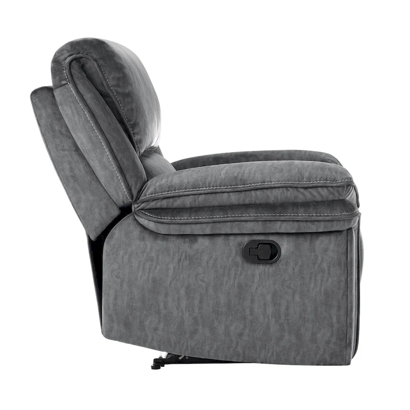 Muir 38 Inch Manual Recliner Chair, Tufted Back Gray Microfiber, Solid Wood