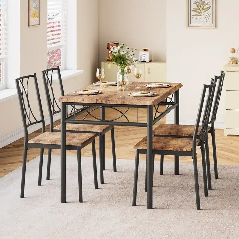 Dining Table Set for 4, Kitchen Table with 2 Upholstered Benches
