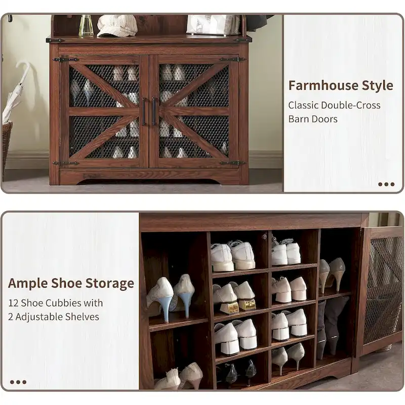 42  Wide Farmhouse Entryway Bench with Coat Rack, Mudroom Cabinet