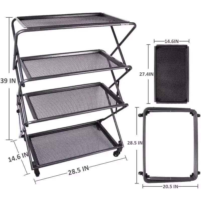 Zenree 4-Tier Foldable Steel Shelf with Casters, Powder-Coated Finish, Removable Mesh Trays, 39H