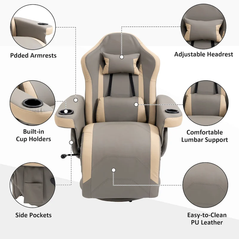 HOMCOM Manual Recliner Armchair PU Leather Lounge Chair w/ Adjustable Leg Rest, 135 Reclining Function, 360 Swivel, Cup Holder