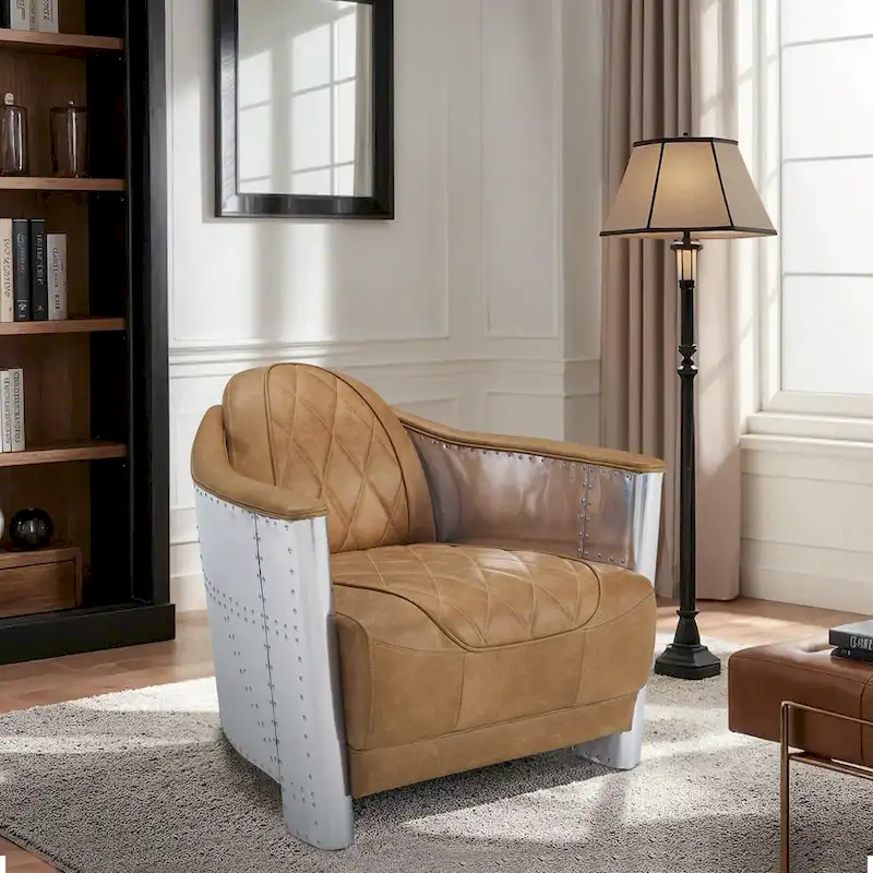 Art Leon IndustrIal Retro Top Grain Leather & Aluminum Accent Chair