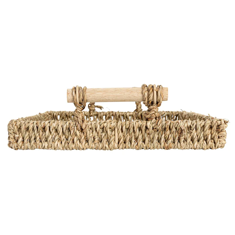 Household Essentials Handwoven Seagrass Tray Set with Wood Handles, Set of 2 - 15.7 L x 9.8 W x 3.1 H