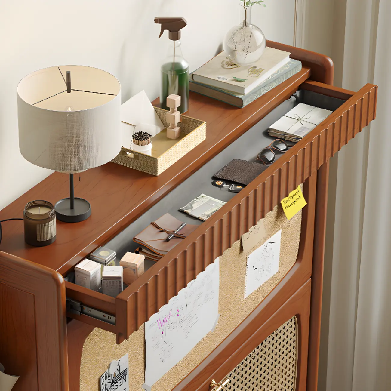 Entryway 3-Tier Drop-Front Rattan Solid Wood Shoe Cabinet