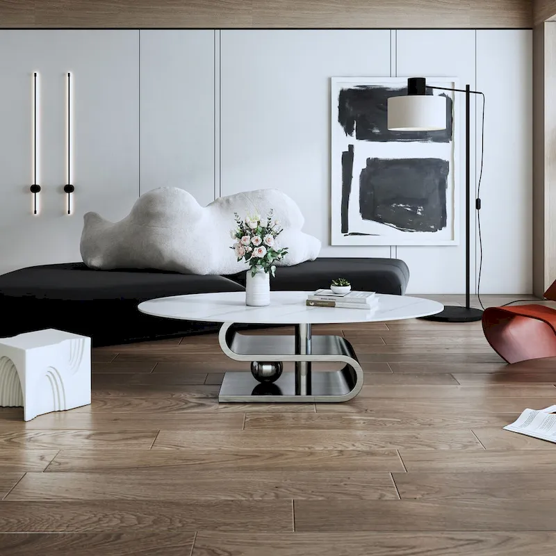 Exquisite Modern Oval Coffee table with white 51L Stone Top and Gold Metal Base