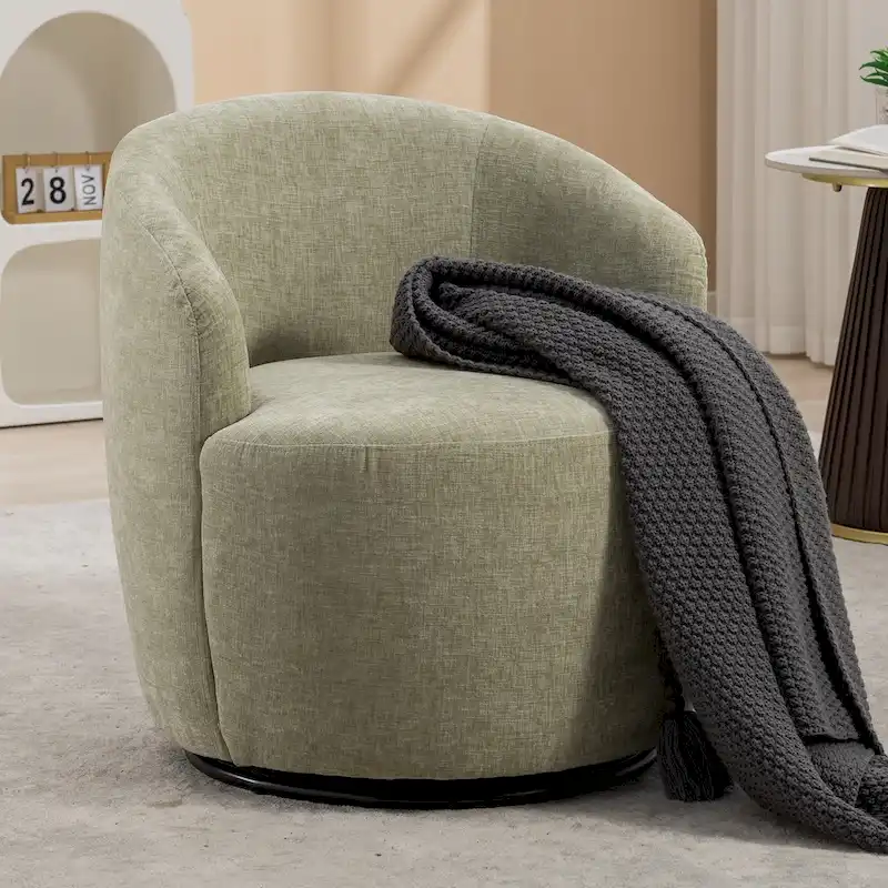 Chenille Fabric Swivel Accent Armchair Barrel Chair With Black Powder Coating Metal Ring