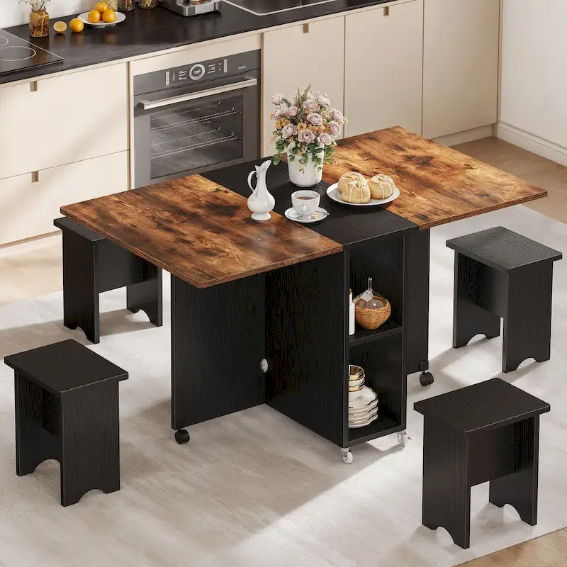 Moasis Modern Folding Dining Set with 6 Wheels Drop Leaf Table and Storage Stools