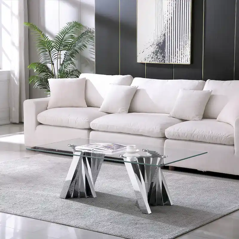 Tempered Glass Top Coffee Table with Gold Mirror Finish Stainless Steel Base