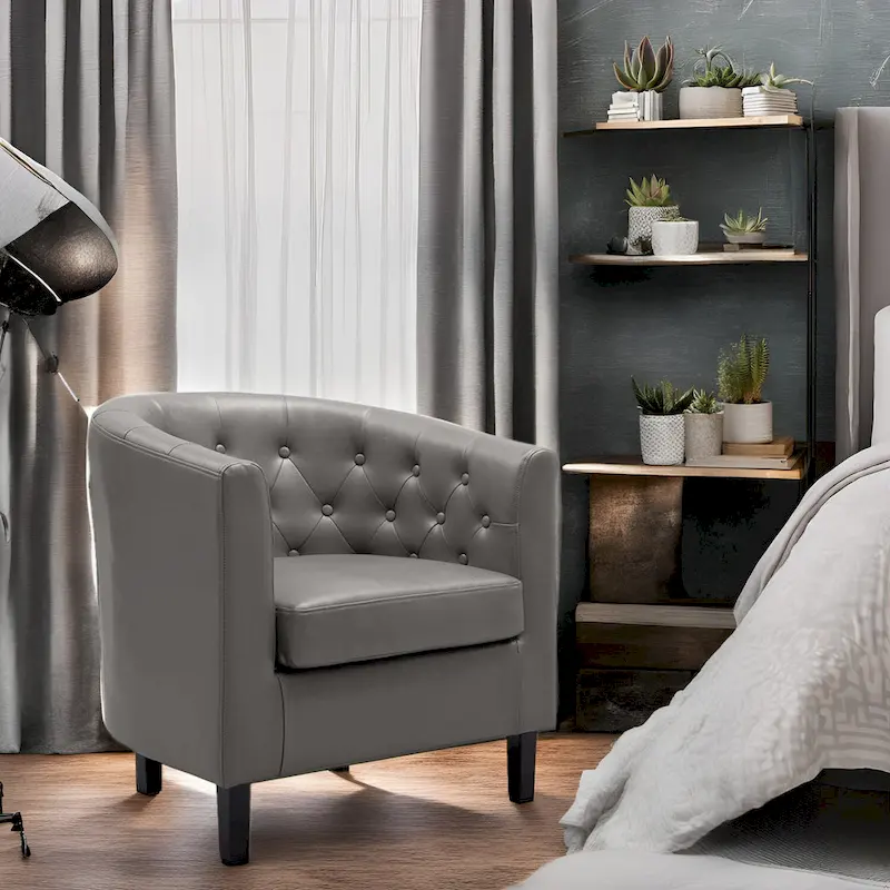 Accent Chair, Button Tufted Faux Leather Barrel Chair, Midcentury Modern Accent Chair, Comfy Armchair, Tub Barrel Chairs