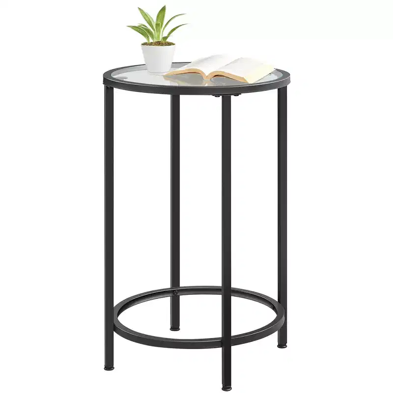 Round Accent Table with Glass Top and Metal Frame for Living Room