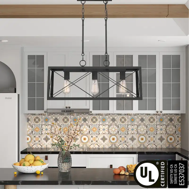 Farmhouse Industrial 3-light Rectangle Grid Kitchen Island Pendant - 25 inches