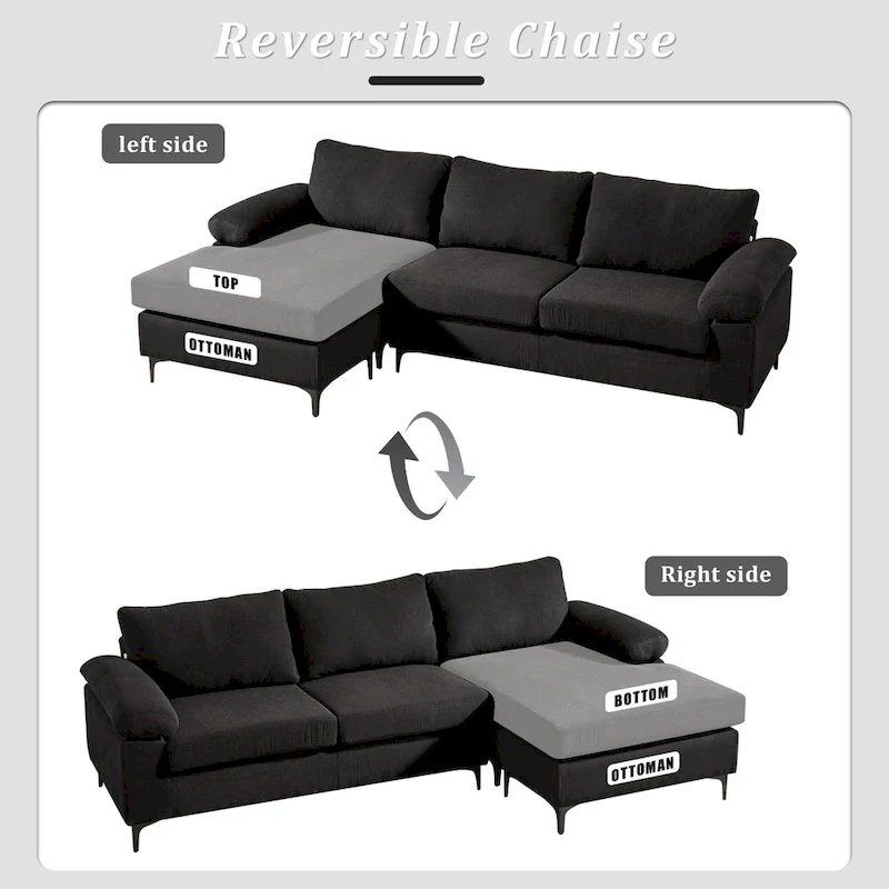 Reversible Chaise Sofa, Suede Fabric, Metal Legs, Spring Coils, Light Brown/Brown/Grey/Blue/Beige