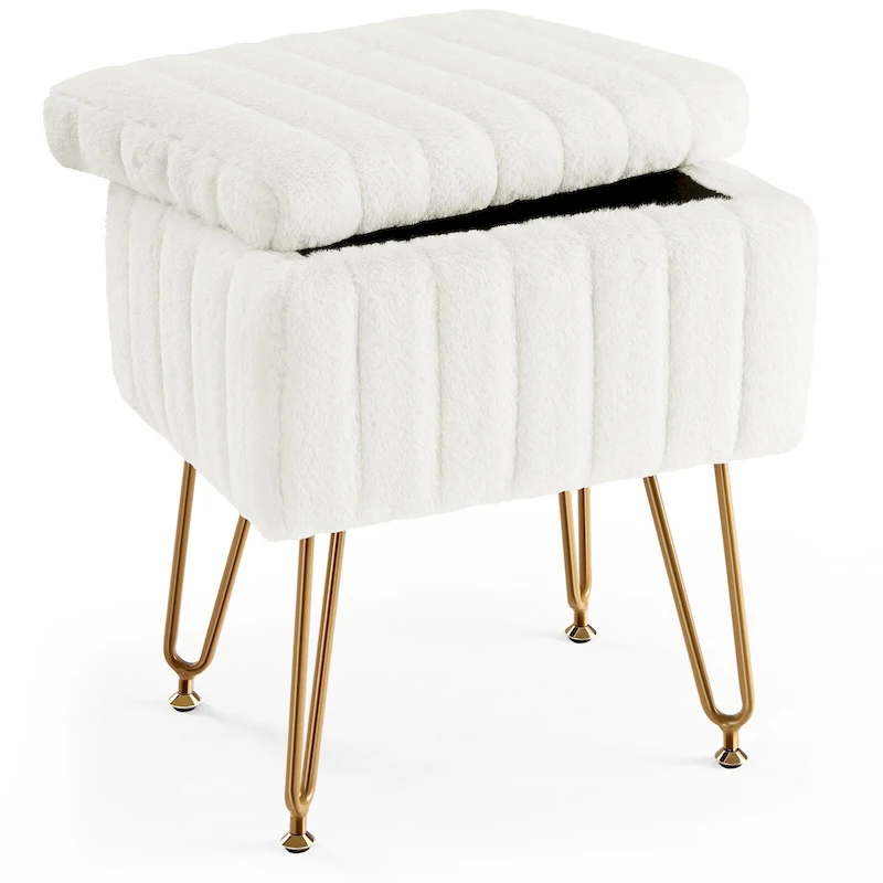 Vanity Stool Chair with Storage, Ottoman Faux Fur Soft Padded Makeup Footstools Seat with 4 Metal Legs Anti-Slip Adjustable Feet