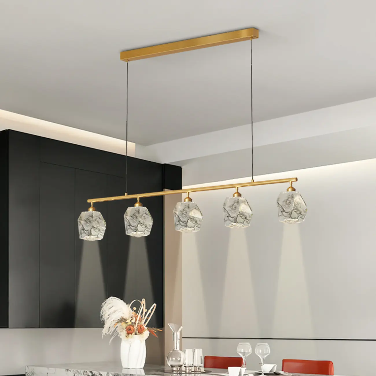 Geometric Gold Crystal Down Island Pendant Light