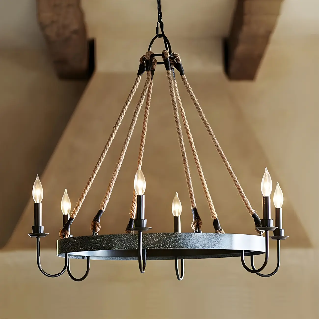 Hemp Rope Industrial Metal Round Candle Chandelier