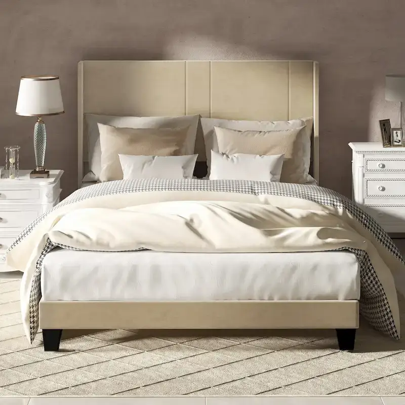 Queen Upholstered Bed Frame with Beige Velvet Headboard and Wingback