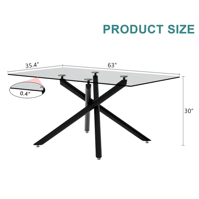 Rectangular Glass Dining Table with Black Metal Legs - 6-8 Person