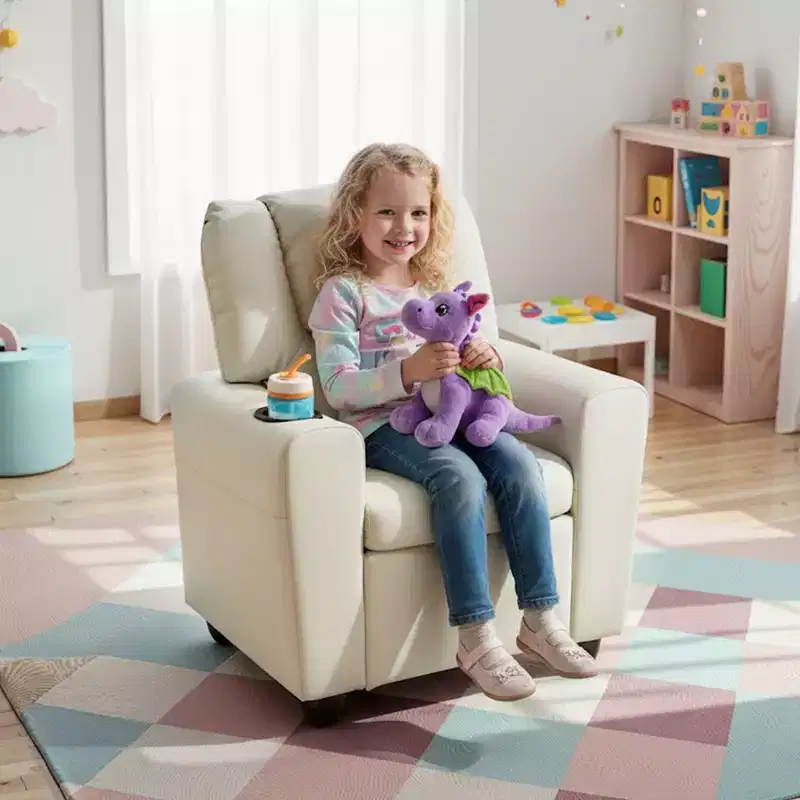 Kids Recliner Chair with Cup Holder – Beige / Black / Brown / Pink, Push-Back Style, 1-Seat
